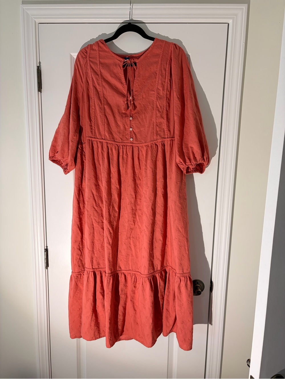 Old Navy Coral Tiered Midi Dress with Tie Neck